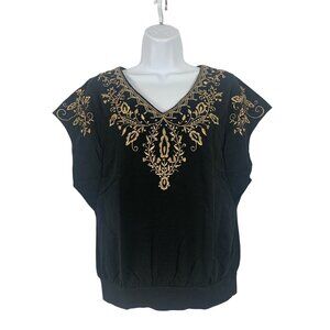 Karen Scott Womens Black & Gold Embroidered V-Neck Top Small